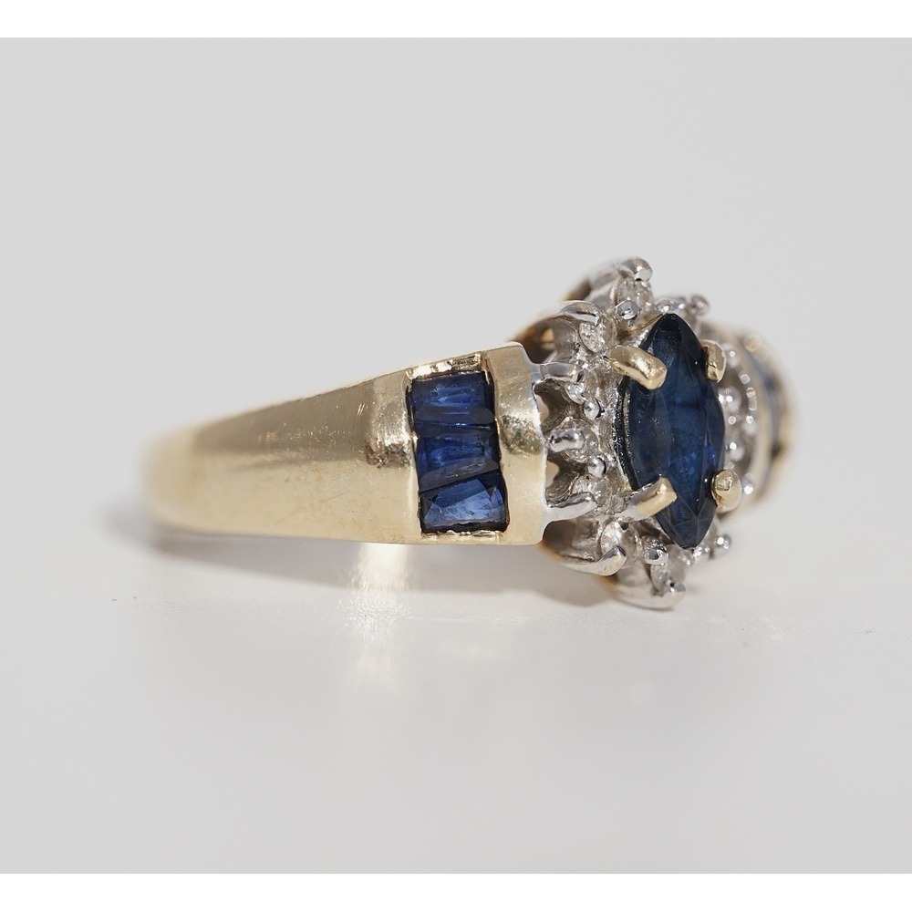 Vintage 14k Solid Yellow Gold Natural Blue‎ Sapphire & Diamond Ring Size 4 Halo - Picture 5 of 10
